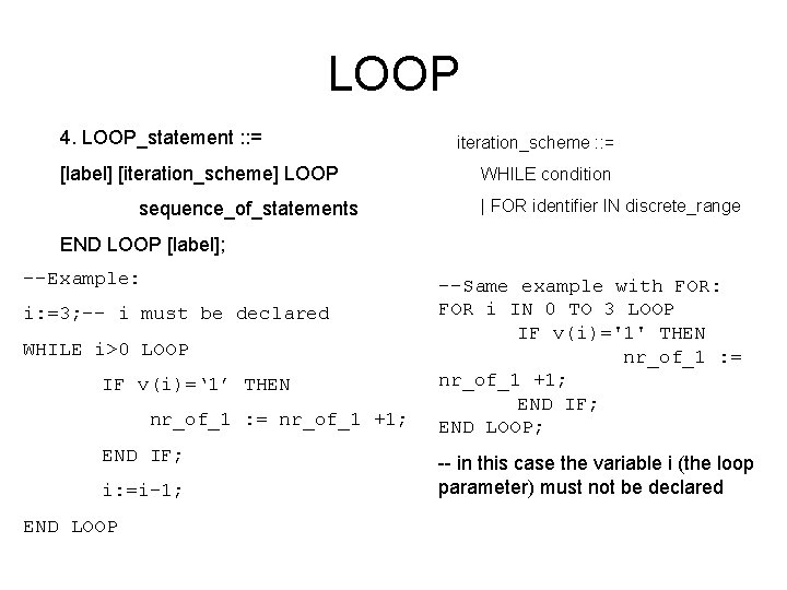 LOOP 4. LOOP_statement : : = [label] [iteration_scheme] LOOP sequence_of_statements iteration_scheme : : =