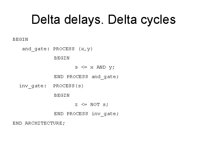 Delta delays. Delta cycles BEGIN and_gate: PROCESS (x, y) BEGIN s <= x AND