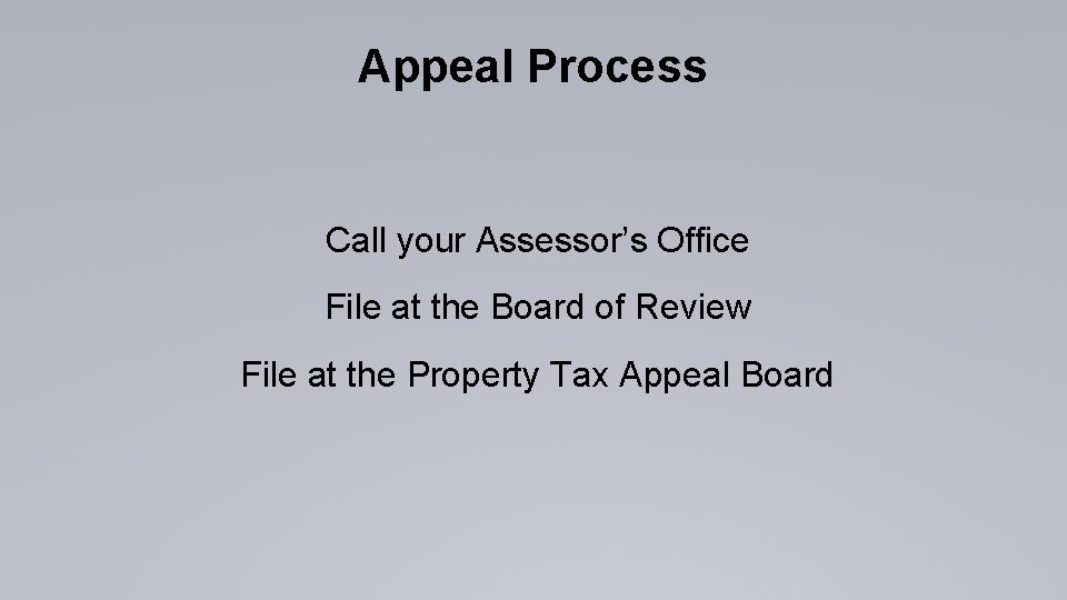 Appeal Process Call your Assessor’s Office File at the Board of Review File at