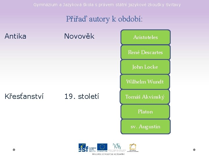 Gymnázium a Jazyková škola s právem státní jazykové zkoušky Svitavy Přiřaď autory k období: