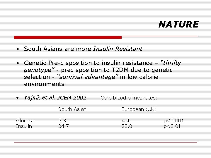 NATURE • South Asians are more Insulin Resistant • Genetic Pre-disposition to insulin resistance