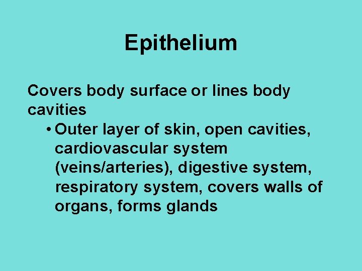 Epithelium Covers body surface or lines body cavities • Outer layer of skin, open