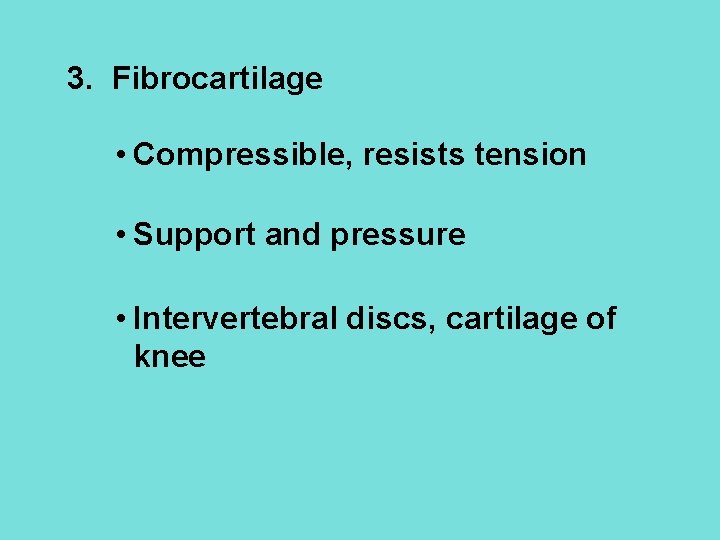 3. Fibrocartilage • Compressible, resists tension • Support and pressure • Intervertebral discs, cartilage