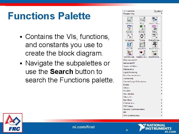 Functions Palette Contains the VIs, functions, and constants you use to create the block