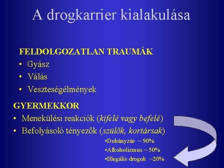 A drogkarrier kialakulása FELDOLGOZATLAN TRAUMÁK • Gyász • Válás • Veszteségélmények GYERMEKKOR • Menekülési