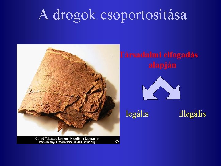 A drogok csoportosítása Társadalmi elfogadás alapján legális illegális 