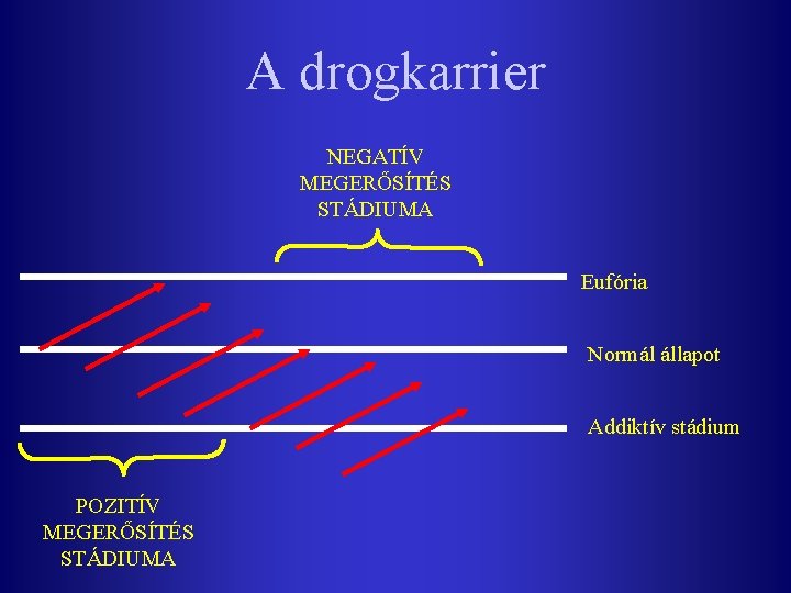 A drogkarrier NEGATÍV MEGERŐSÍTÉS STÁDIUMA Eufória Normál állapot Addiktív stádium POZITÍV MEGERŐSÍTÉS STÁDIUMA 