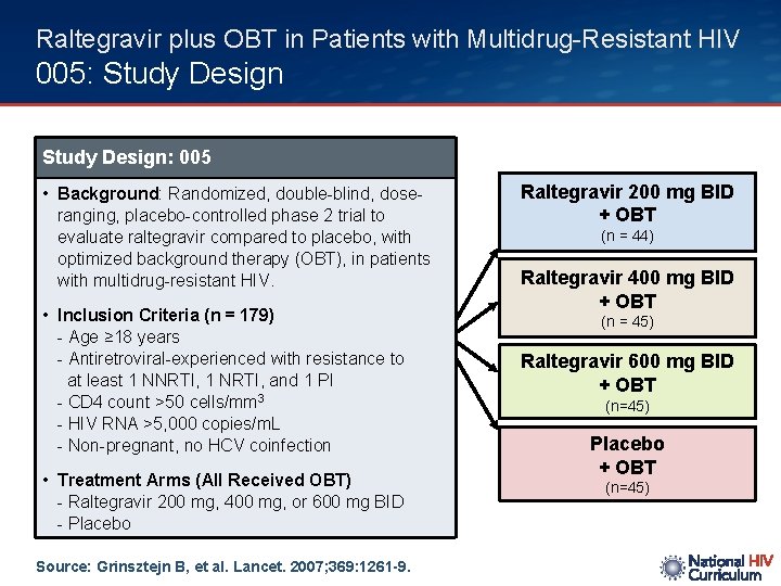 Raltegravir plus OBT in Patients with Multidrug-Resistant HIV 005: Study Design: 005 • Background: