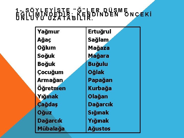 1 - SÖYLEYİŞTE “Ğ”LER DÜŞME EĞİLİMİNDEDİR; KENDİNDEN ÖNCEKİ ÜNLÜYÜ UZATABİLİR. Yağmur Ağaç Oğlum Soğuk