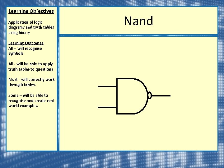 Learning Objectives Application of logic diagrams and truth tables using binary Learning Outcomes All