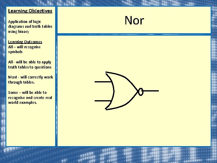 Learning Objectives Application of logic diagrams and truth tables using binary Learning Outcomes All