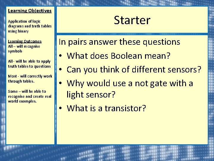Learning Objectives Application of logic diagrams and truth tables using binary Learning Outcomes All