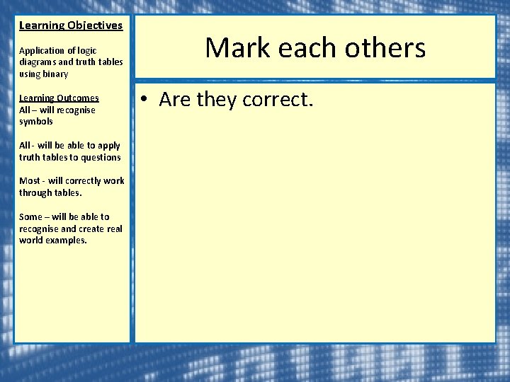Learning Objectives Application of logic diagrams and truth tables using binary Learning Outcomes All