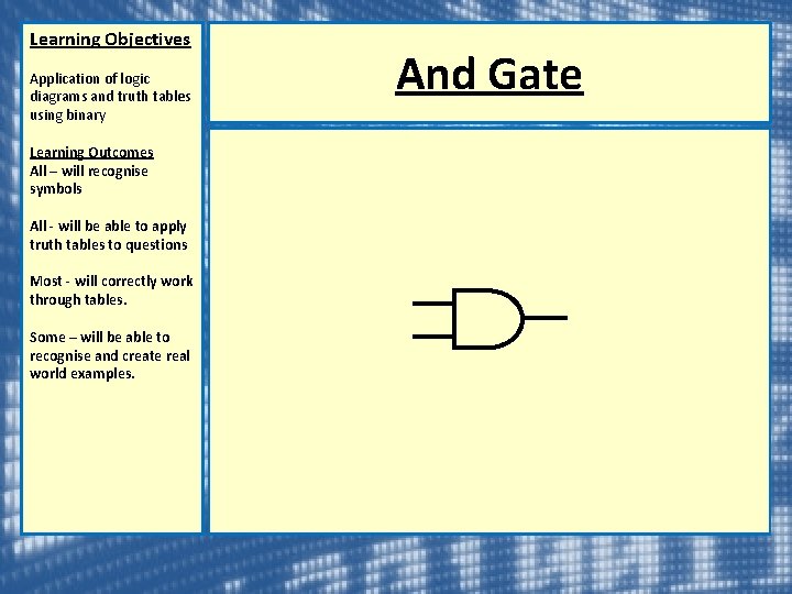 Learning Objectives Application of logic diagrams and truth tables using binary Learning Outcomes All