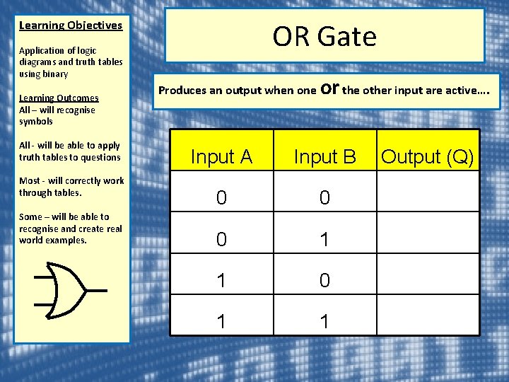 OR Gate Learning Objectives Application of logic diagrams and truth tables using binary Learning