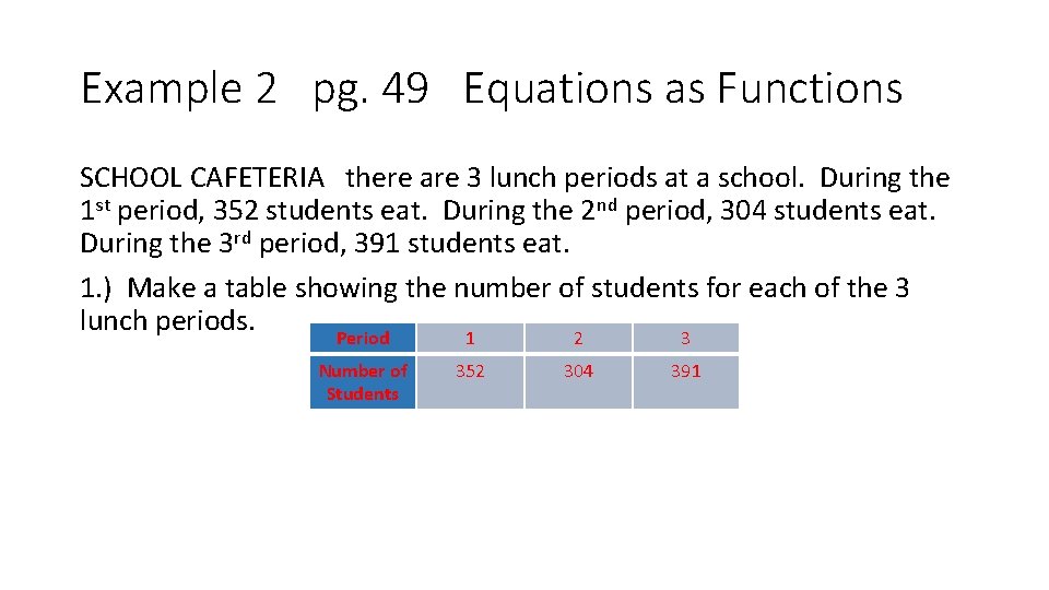 Example 2 pg. 49 Equations as Functions SCHOOL CAFETERIA there are 3 lunch periods