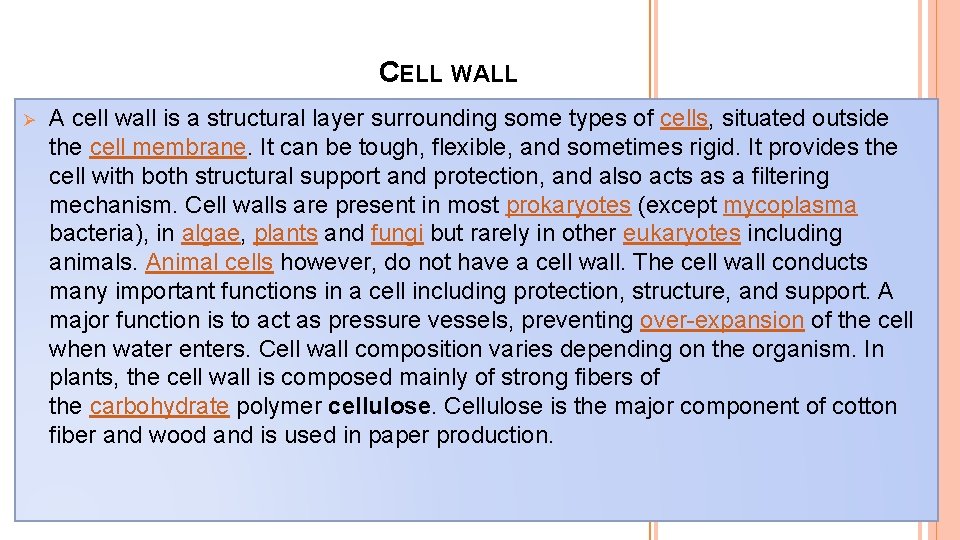 CELL WALL Ø A cell wall is a structural layer surrounding some types of