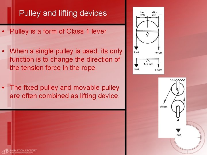 Pulley and lifting devices • Pulley is a form of Class 1 lever •