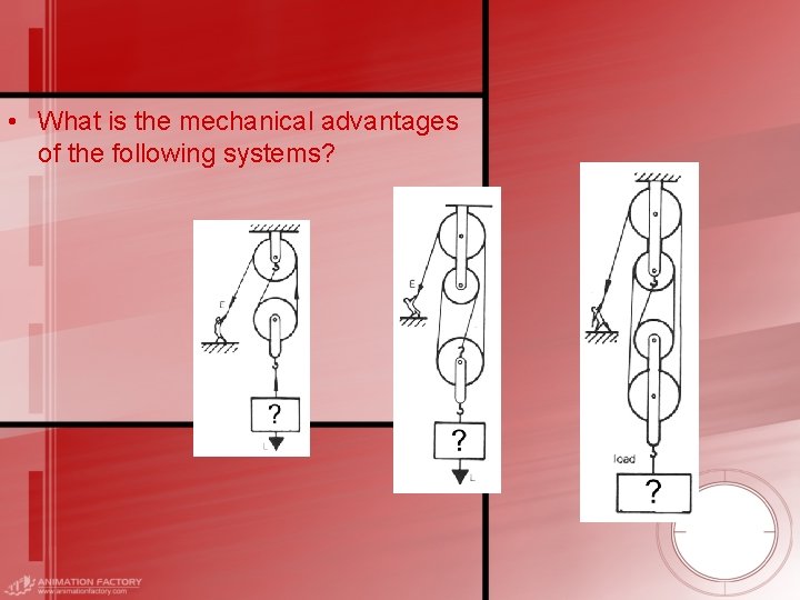 • What is the mechanical advantages of the following systems? 