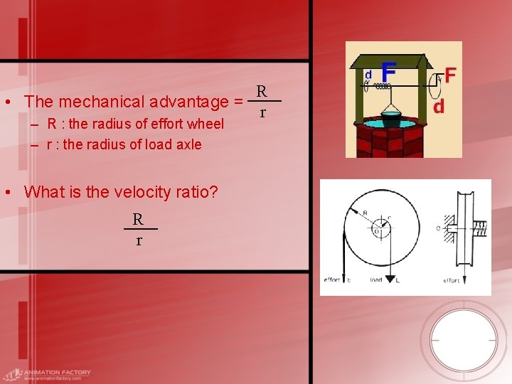  • The mechanical advantage = – R : the radius of effort wheel