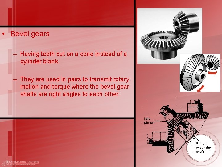  • Bevel gears – Having teeth cut on a cone instead of a