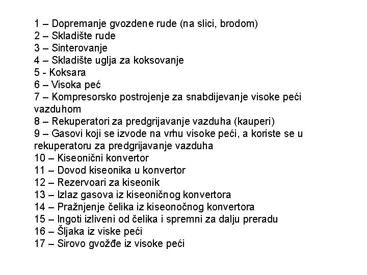 1 – Dopremanje gvozdene rude (na slici, brodom) 2 – Skladište rude 3 –