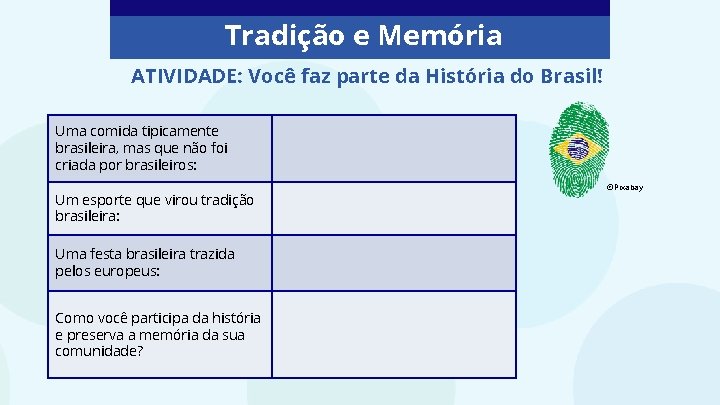 Tradição e Memória ATIVIDADE: Você faz parte da História do Brasil! Uma comida tipicamente
