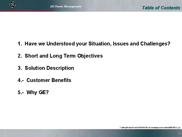 Table of Contents 1. Have we Understood your Situation, Issues and Challenges? 2. Short