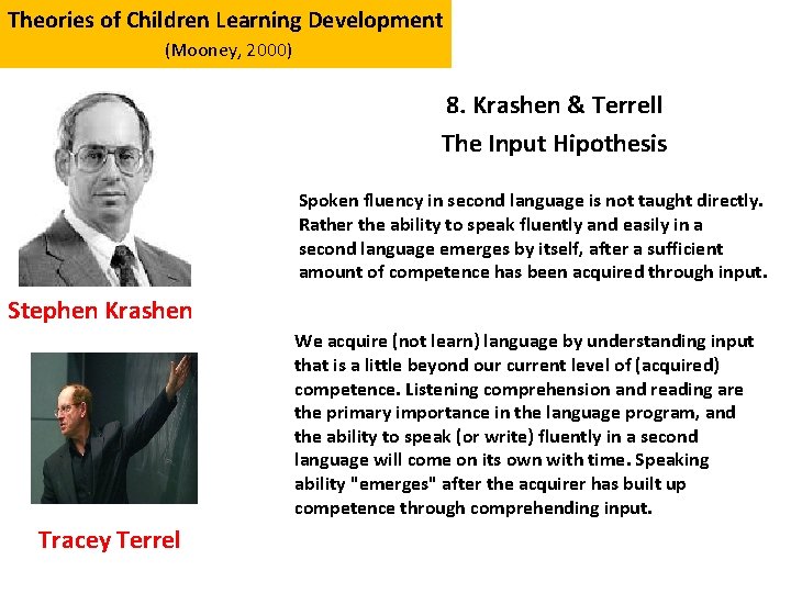 Theories of Children Learning Development (Mooney, 2000) 8. Krashen & Terrell The Input Hipothesis