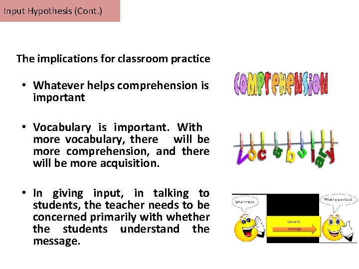 Input Hypothesis (Cont. ) The implications for classroom practice • Whatever helps comprehension is