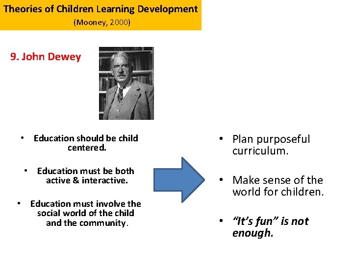 Theories of Children Learning Development (Mooney, 2000) 9. John Dewey • Education should be