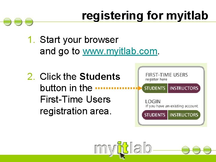 registering for myitlab 1. Start your browser and go to www. myitlab. com. 2.