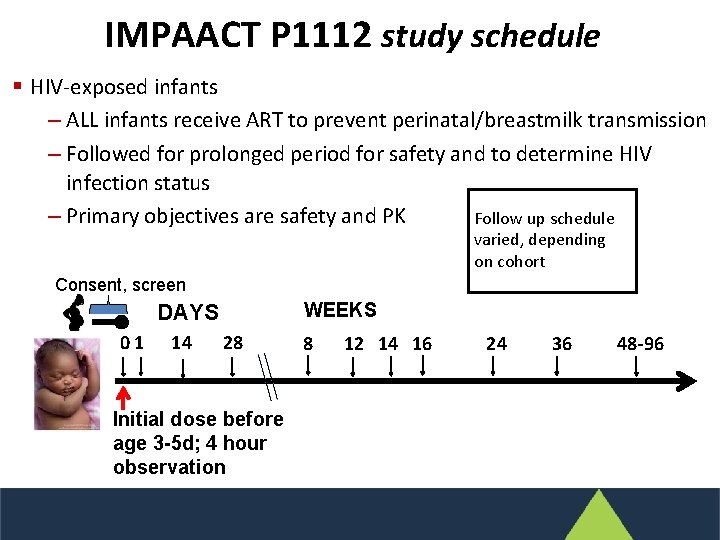 IMPAACT P 1112 study schedule § HIV-exposed infants ‒ ALL infants receive ART to