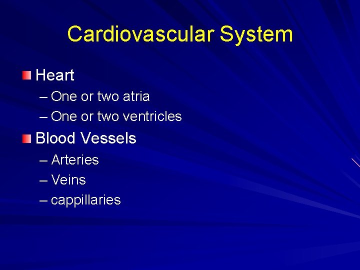 Cardiovascular System Heart – One or two atria – One or two ventricles Blood