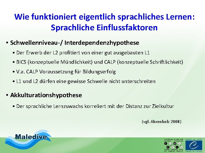 Wie funktioniert eigentlich sprachliches Lernen: Sprachliche Einflussfaktoren • Schwellenniveau-/ Interdependenzhypothese • Der Erwerb der