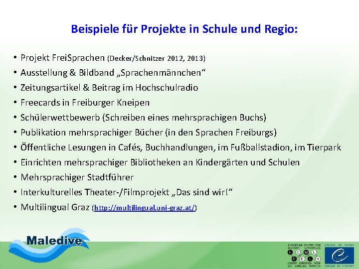 Beispiele für Projekte in Schule und Regio: • • • Projekt Frei. Sprachen (Decker/Schnitzer