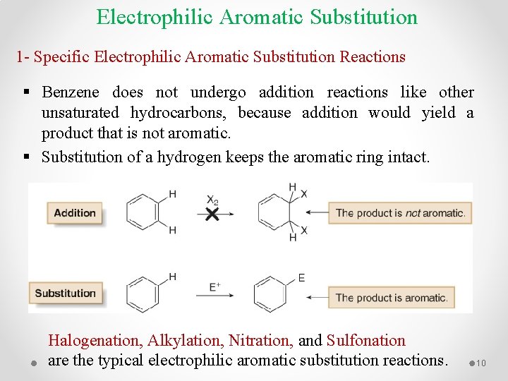 Electrophilic Aromatic Substitution 1 - Specific Electrophilic Aromatic Substitution Reactions § Benzene does not