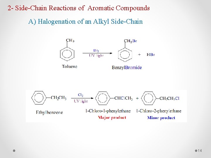 2 - Side-Chain Reactions of Aromatic Compounds A) Halogenation of an Alkyl Side-Chain 14