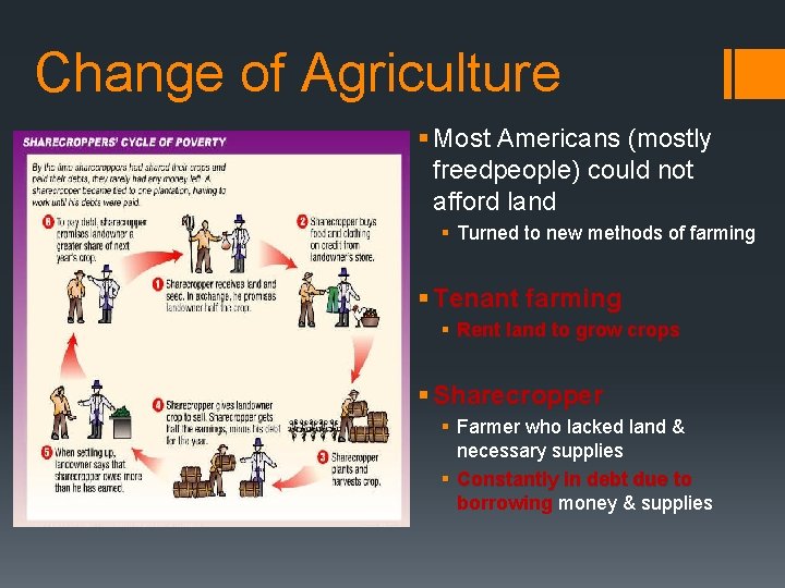 Change of Agriculture § Most Americans (mostly freedpeople) could not afford land § Turned