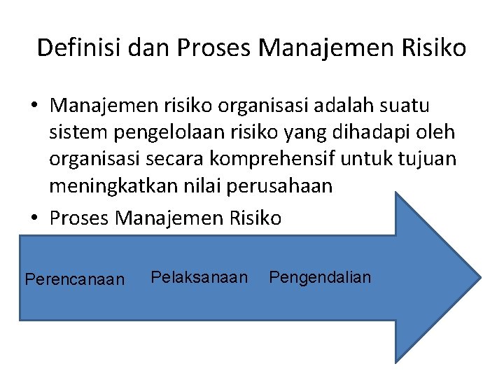 Definisi dan Proses Manajemen Risiko • Manajemen risiko organisasi adalah suatu sistem pengelolaan risiko