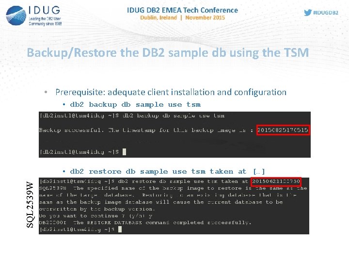 Backup/Restore the DB 2 sample db using the TSM • Prerequisite: adequate client installation