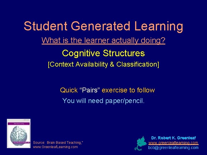 Student Generated Learning What is the learner actually doing? Cognitive Structures [Context Availability &