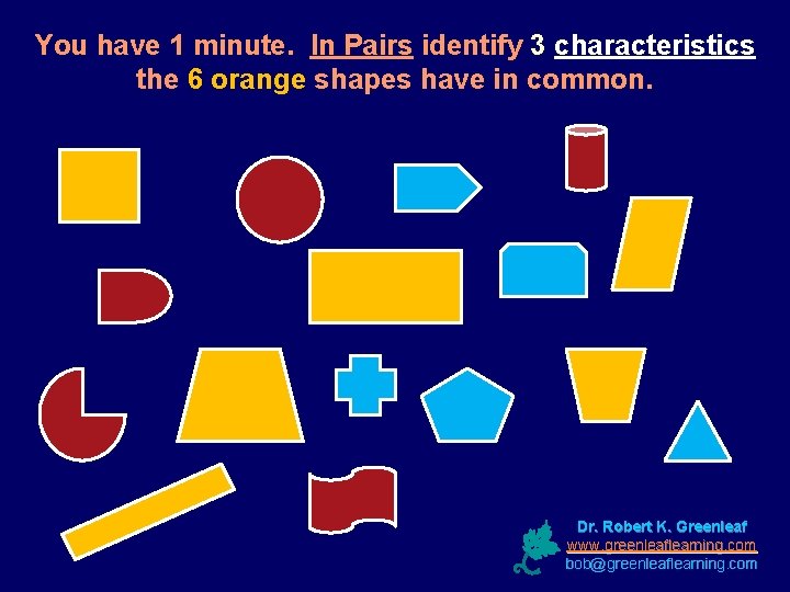 You have 1 minute. In Pairs identify 3 characteristics the 6 orange shapes have