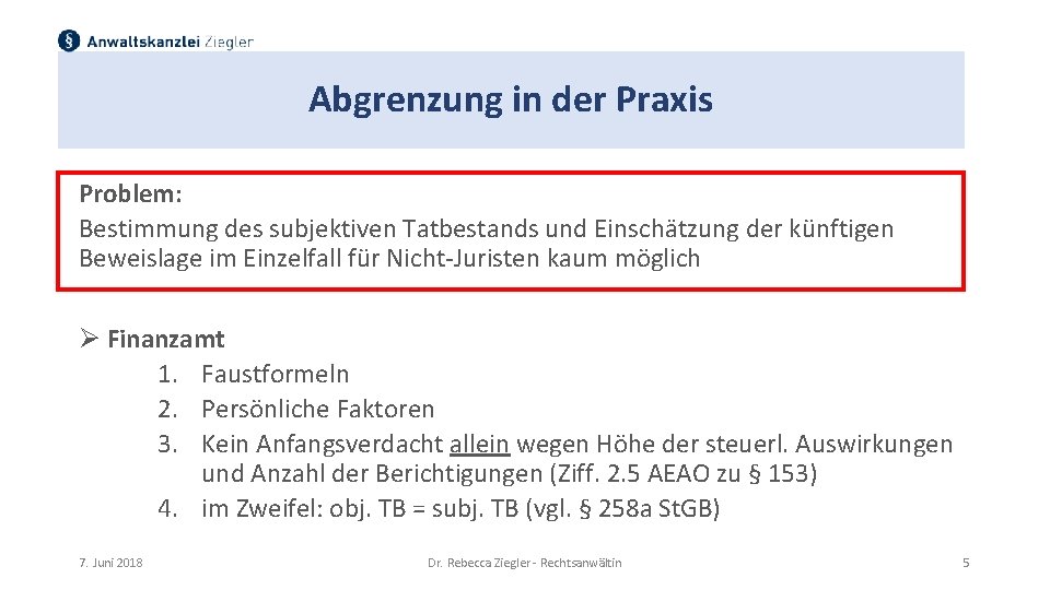 Abgrenzung in der Praxis Problem: Bestimmung des subjektiven Tatbestands und Einschätzung der künftigen Beweislage