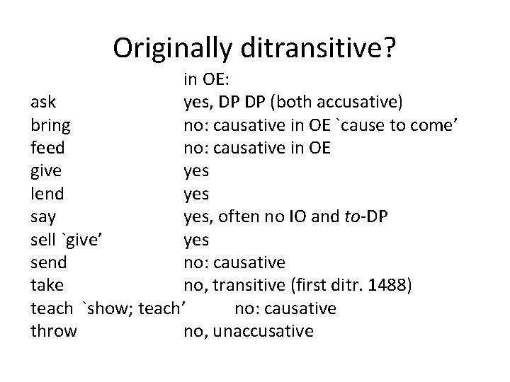 Originally ditransitive? in OE: ask yes, DP DP (both accusative) bring no: causative in