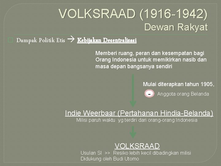 VOLKSRAAD (1916 -1942) Dewan Rakyat � Dampak Politik Etis Kebijakan Desentralisasi Memberi ruang, peran