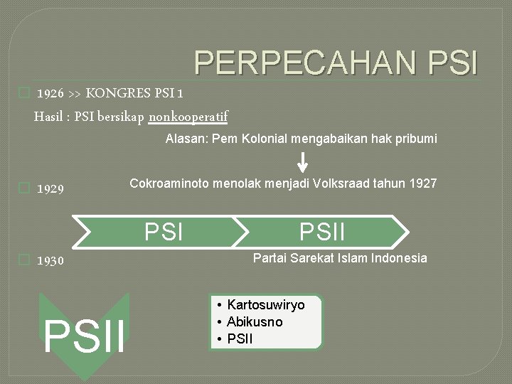 PERPECAHAN PSI � 1926 >> KONGRES PSI 1 Hasil : PSI bersikap nonkooperatif Alasan: