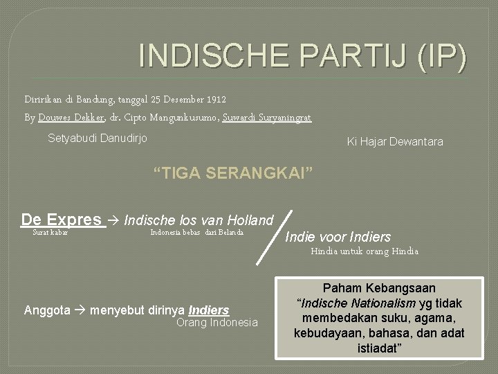 INDISCHE PARTIJ (IP) Diririkan di Bandung, tanggal 25 Desember 1912 By Douwes Dekker, dr.