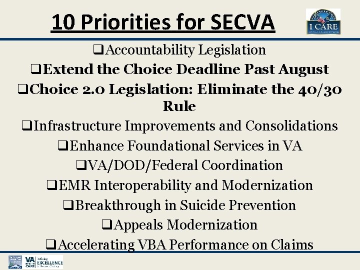 10 Priorities for SECVA q. Accountability Legislation q. Extend the Choice Deadline Past August