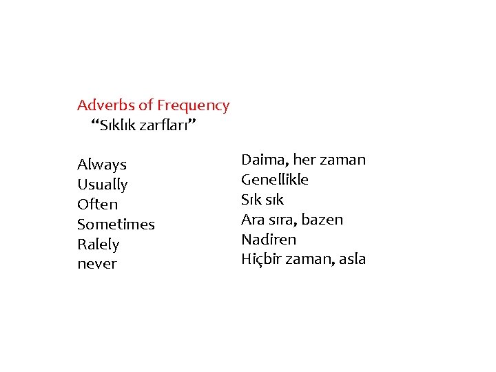 Adverbs of Frequency “Sıklık zarfları” Always Usually Often Sometimes Ralely never Daima, her zaman